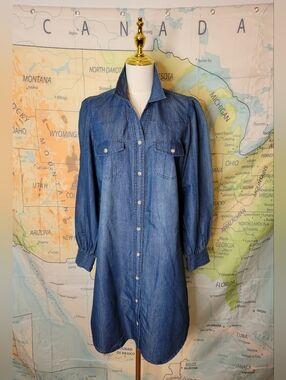 Adorable Denim Dress By Given Kale Long Sleeves With Pearl Snaps Button Front